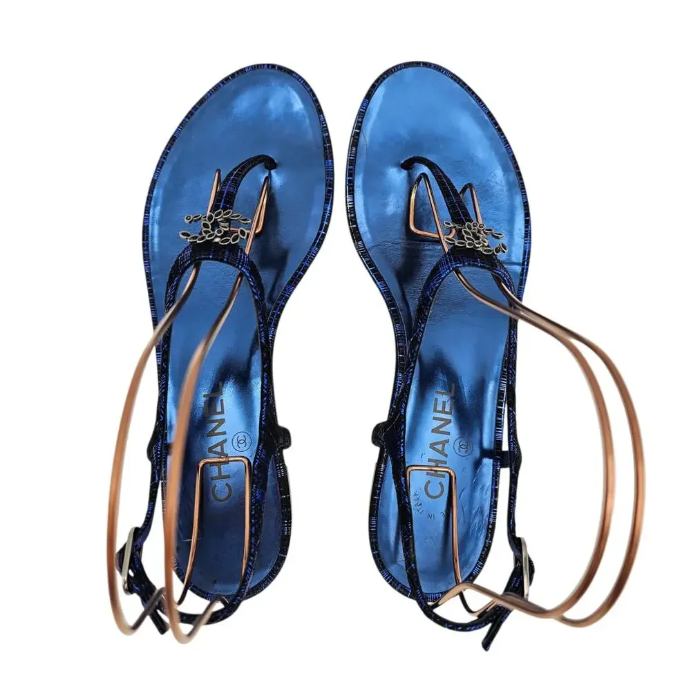Chanel CC Flat Thong T Strap Sandal Blue Leather Black Silver Size 40 C US 9 9.5